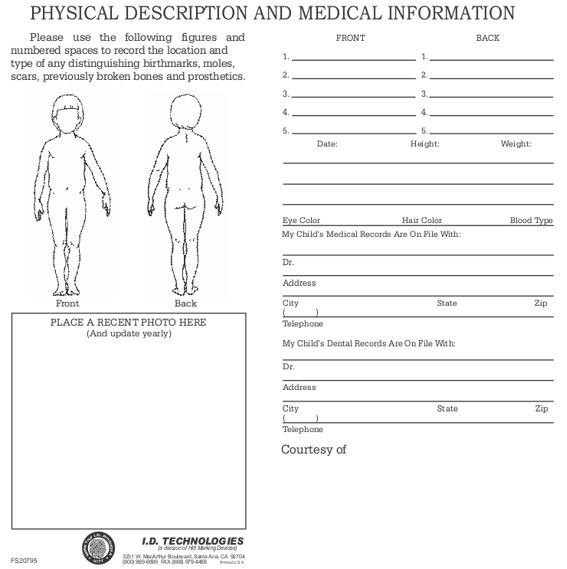 Child Identification Fingerprint Cards