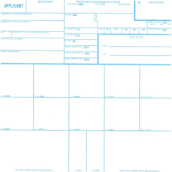 Qty. 100 FD-258 Personnel Applicant Fingerprint Record Cards