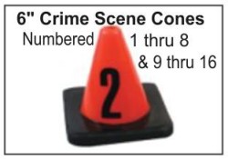 6" Crime Scene Cones - Numbers 1-8
Evidence Marking Cones
Crime Scene Marking Cones
Cone to mark for evidence